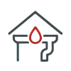 Haus mit Wasserleitung und rotem Tropfen – Symbol für Sanitär oder Wasserschäden